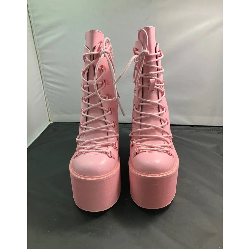 Dolls Kill Current Mood Pink Platform Wedge Lace Ankle Boots Womens 8M Zip Boots